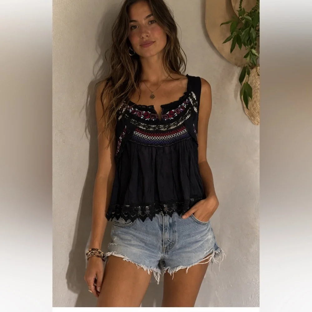 Free people boho cutout black embroidered top blouse black silver beading spring - Picture 1 of 10